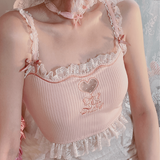 Heart Hollow Embroidery Pink Tank Top