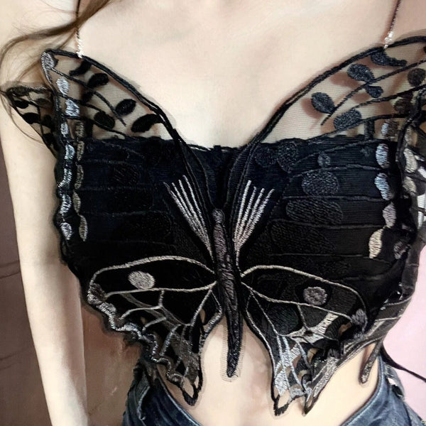 Embroidered Butterfly Black Lace Corset