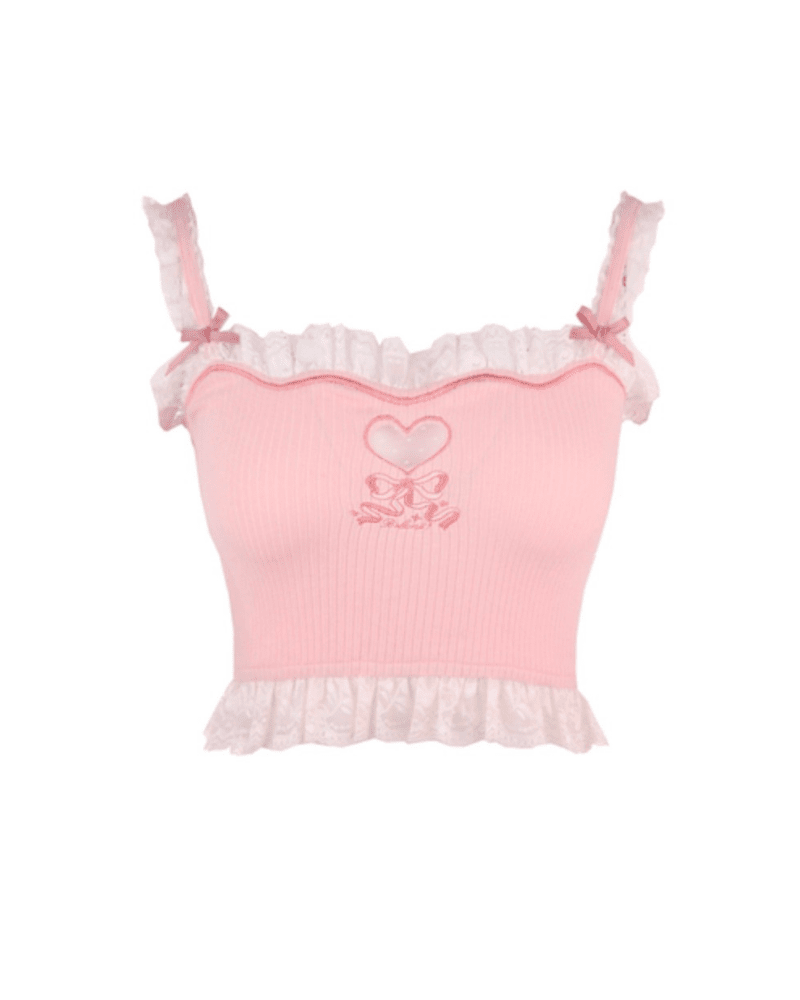 Heart Hollow Embroidery Lace Top KITTYDOTT M Pink 