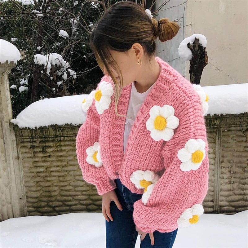 Floral Pink Knitted Loose Long-Sleeved Casual Cardigan cutiepeach 