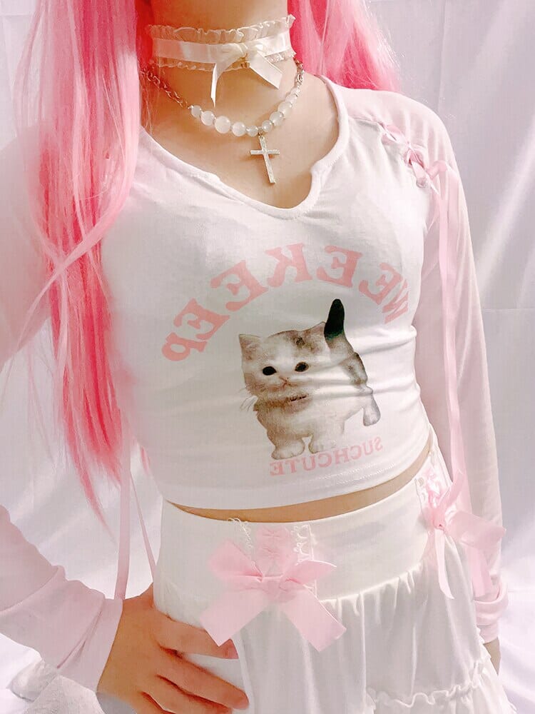 Kawaii Cat Print Pink Lace-up Patchwork Crop Top cutiepeach 