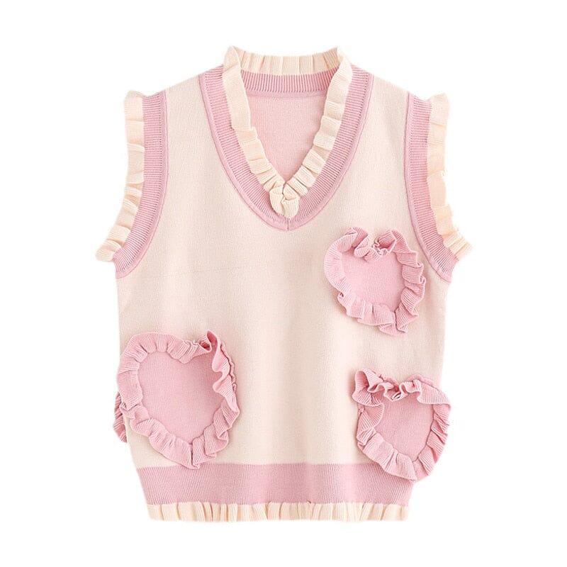 Kawaii Pink Ruffle Heart Knitted Vest cutiepeach 