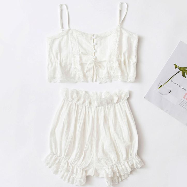 White Pearl Lace 2 Piece Top Short Pajama Set SD00426 - SYNDROME - Cute Kawaii Harajuku Street Fashion Store