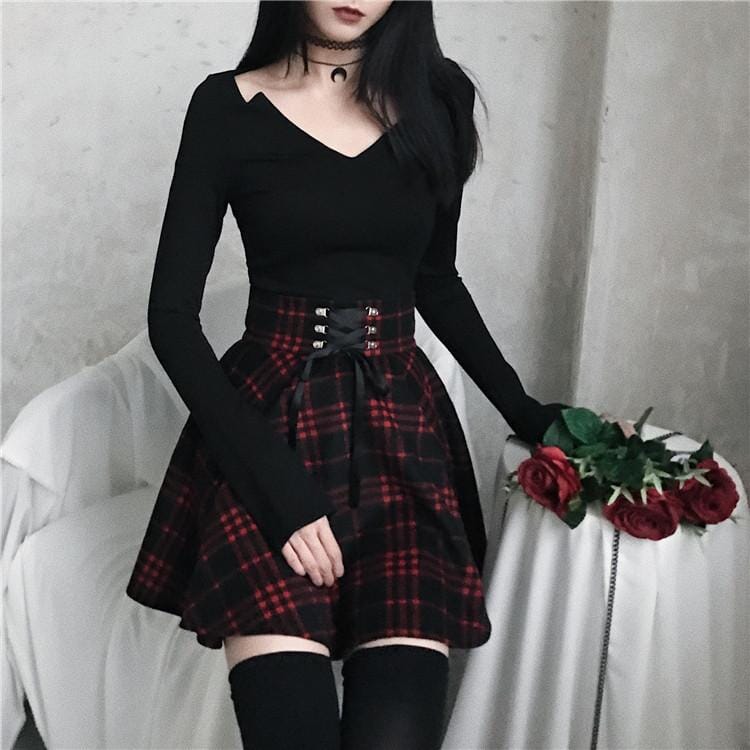 Black Red Plaid Ribbon Skirt SD00452 Skirt SYNDROME - Cute Kawaii Harajuku Street Fashion Store 