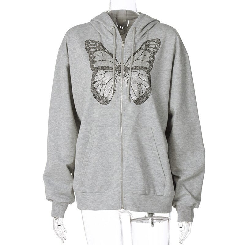 Personality Butterfly Rhinestone Hoodie cutiepeach Grey S 