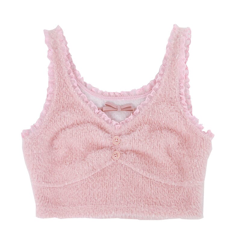 Bow Soft Feather Yarn Plush Halter Lace Vest Vest cosfun Pink S 
