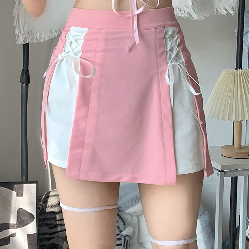 Pink Slim Kawaii Two-tone Skirt