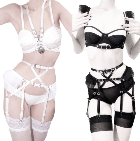 Sexy Seductive Lingerie Set Harnesses Bondage Straps Belts Garters Bra Panties Kinky Cute BDSM Fetish