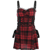 Punk girl rivet suspender ribbon dress ah0134 Dresses Cutiekill Red plaid S 