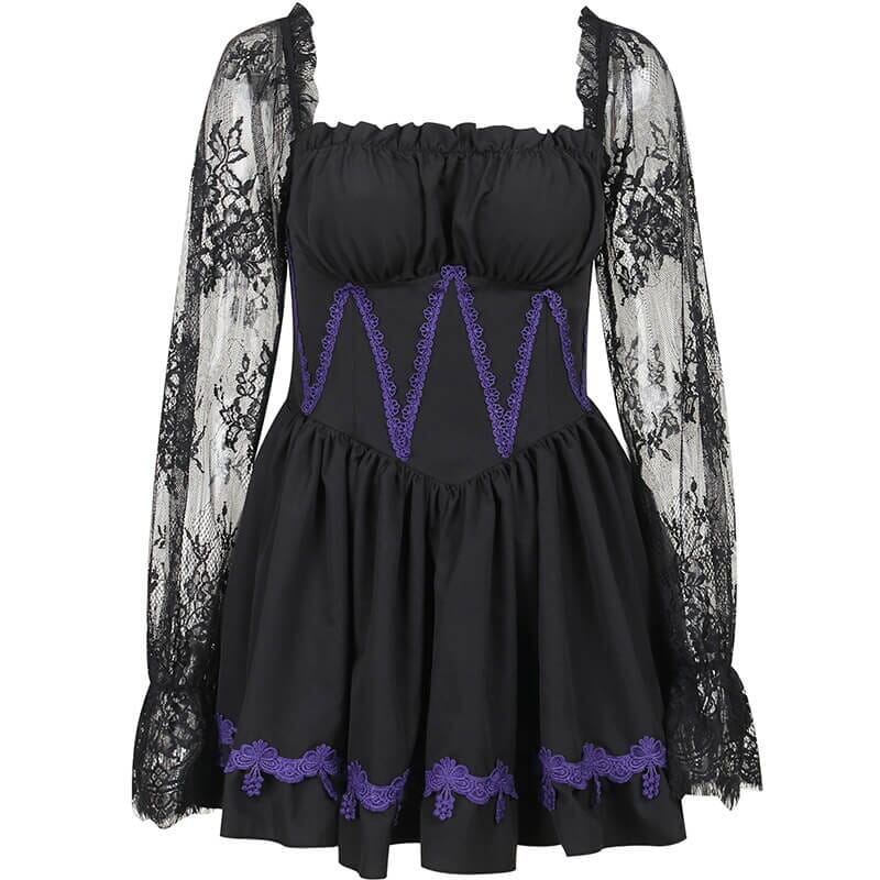 Magic goth bubble lace dress ah0095 Dresses Cutiekill Black with purple S 