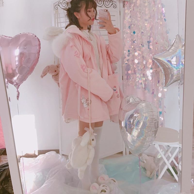 Kawaii Pink Fluffy Bunny Winter Jacket Faux Fur Hood Hooded Sweater Harajuku Lolita Fashion