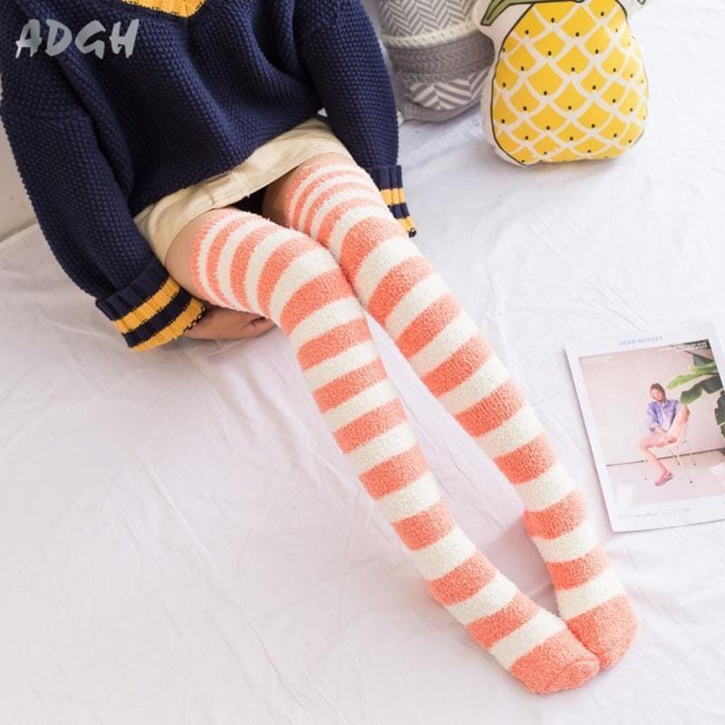 Fuzzy Striped Thigh Highs socks Kawaii Babe 