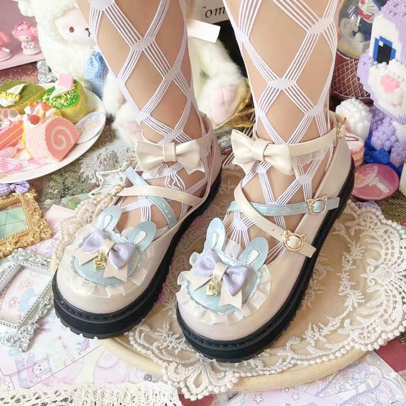 Holographic Bunny Lolita Flats - bear ears, shoes, bunny cotton candy