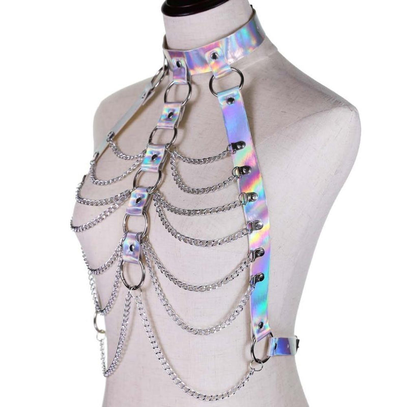 Silver Holographic Chain Body Chest Harness Gothic Shiny