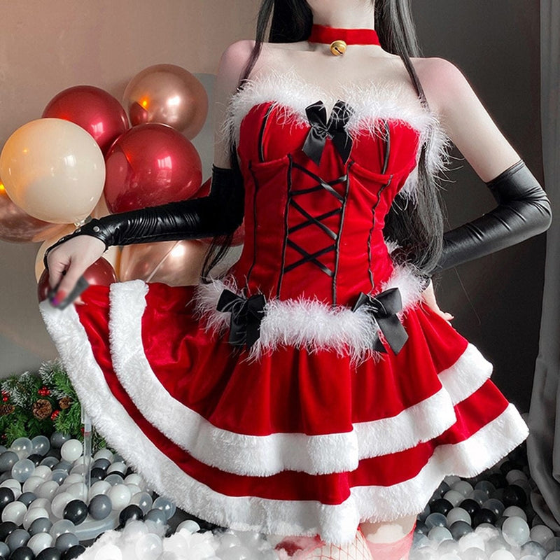 Lace Up Santa Dress + Costume - Outfit + Gloves / S - christmas holiday, festive dress, fur holiday dress