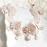 Elegant Pink Lace Victorian Collar Choker Necklace Dainty Pearls & Diamonds 