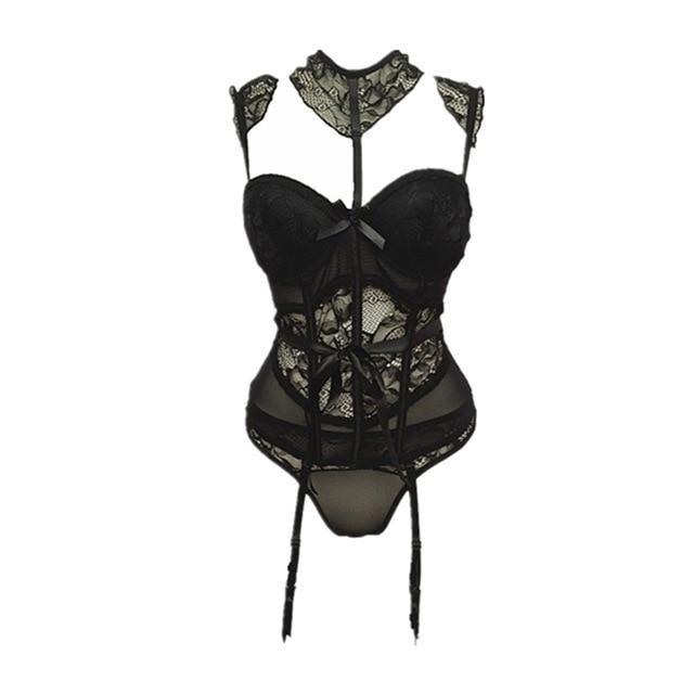 Goth Black Lace Lingerie Set Corset Bustier Bra Panties Sexy Seduction Bodice