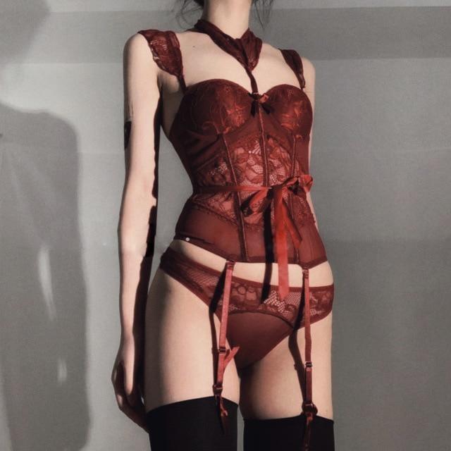Goth Red Lace Lingerie Set Corset Bustier Bra Panties Sexy Seduction Bodice