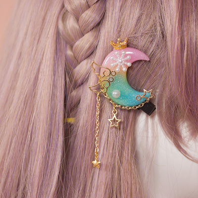 Fairy kei pastel resin moon hair pin clip accessory with stars gold hardware angel wings kawaii babe