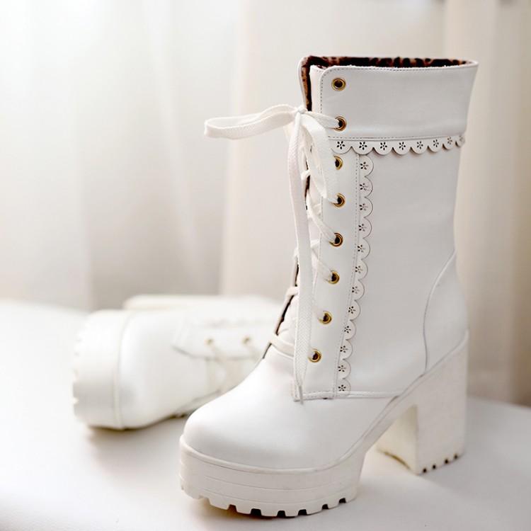 White Lace Up Chunky Lolita Boots Combat Ankle Booties BDSM Girly by Kawaii Babe