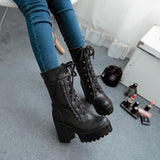 Black Lace Up Chunky Lolita Boots Combat Ankle Booties BDSM Girly by Kawaii Babe