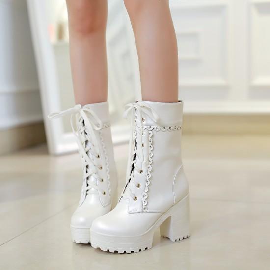 White Lace Up Chunky Lolita Boots Combat Ankle Booties BDSM Girly by Kawaii Babe