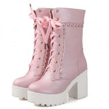 Pink Lace Up Chunky Lolita Boots Ankle Booties BDSM Girly by Kawaii Babe