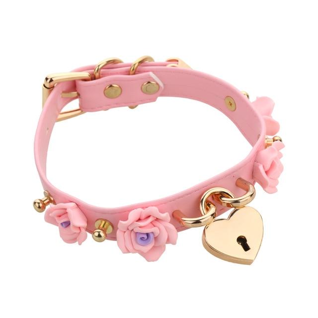 Pink Kawaii Flower Floral Heart Gold Locket Choker Collar Lock n Key Petplay Kink