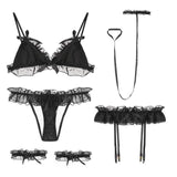Sexy Black Ruffled Lingerie Set Girly Silk Bows Fetish Kink Collar Garter Belt 