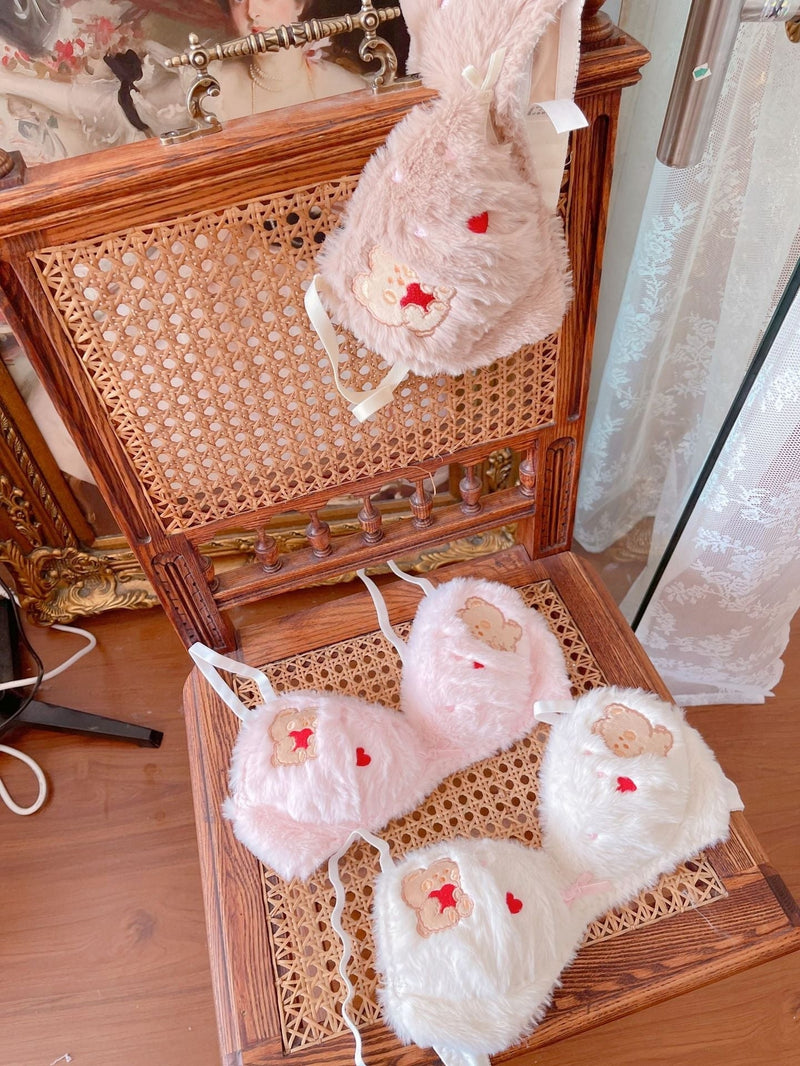 Valentine Fuzzy Bear Lingerie Set - bra, bralette, bras, embroidered, fur