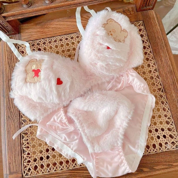 Valentine Fuzzy Bear Lingerie Set - Pink / L - bra, bralette, bras, embroidered, fur